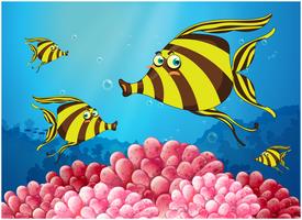 Un gruppo di pesci colorati a strisce sotto il mare vettore