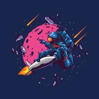 astronauta con illustrazione di un razzo per il design di t-shirt vettore