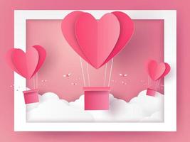 illustrazione di san valentino di amore, mongolfiere a forma di cuore che volano fuori dal telaio, stile di arte della carta vettore