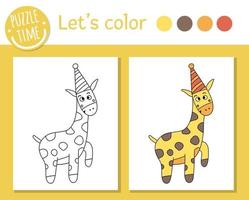 Pagina da colorare di compleanno per bambini. giraffa divertente con cappello da festa. illustrazione del profilo di vacanza di vettore con l'animale sveglio. libro dei colori delle feste per bambini con esempio colorato