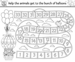 compleanno gioco da tavolo in bianco e nero per bambini con simpatici animali in mongolfiera. gioco da tavolo educativo con nuvole, arcobaleni e palloncini. attività di festa per bambini. vettore