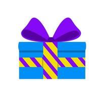 regalo in una scatola blu con un nastro a righe viola. sorprendi con un bellissimo fiocco. stile piatto. per un logo, un banner o una cartolina. vettore
