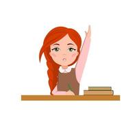 una studentessa è seduta a una scrivania. la ragazza dai capelli rossi risponde alla domanda. illustrazione vettoriale su uno sfondo bianco isolato. immagine di riserva.