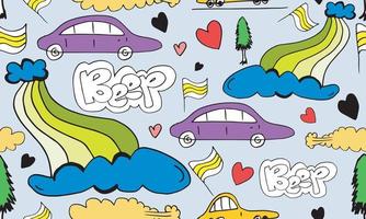 sfondo di trasporto dei cartoni animati per bambini con macchinine doodle e natura con testo bip, nuvola, arcobaleno e alberi. vettore