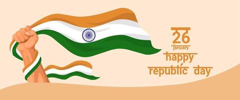 illustrazione vettoriale, mano che tiene bandiera indiana, con tipografia felice festa della repubblica. vettore