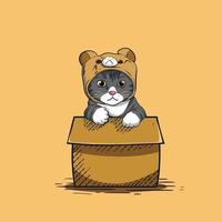 simpatico gattino che gioca in scatola cartone animato vettore premium