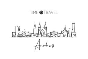 una linea continua che disegna lo skyline della città di aarhus, danimarca. bella stampa di poster per la decorazione della parete di casa. vacanza di viaggio del turismo paesaggistico mondiale. elegante illustrazione vettoriale di disegno a linea singola