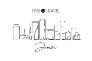 disegno a linea continua singola skyline della città di darwin, australia. famoso raschietto della città e paesaggio. poster di arte della decorazione della parete della casa di concetto di viaggio nel mondo. illustrazione vettoriale moderna di disegno di una linea