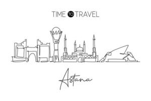 un disegno a linea continua dello skyline della città di astana, in kazakistan. bellissimo punto di riferimento. manifesto delle vacanze di viaggio del turismo del paesaggio mondiale. illustrazione vettoriale di disegno a linea singola con tratto elegante modificabile