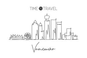 un disegno a linea singola skyline della città di vancouver, canada. stampa di poster per la decorazione della casa del paesaggio della città storica del mondo. migliore destinazione per le vacanze. illustrazione vettoriale di disegno di linea continua alla moda