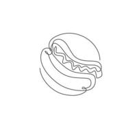 un disegno a linea singola del logo fresco americano hot dog illustrazione vettoriale. menu di fast food sandwich cafe e concetto di badge ristorante. logotipo grafico di cibo di strada moderno design a linea continua vettore