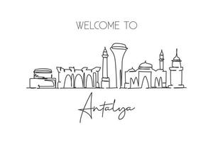 un disegno a linea singola skyline della città di antalya, turchia. paesaggio storico mondiale della città. cartolina di destinazione per le vacanze del posto migliore. tratto modificabile illustrazione vettoriale di disegno a linea continua alla moda