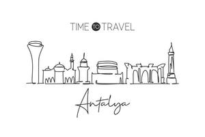 unico disegno a linea continua dello skyline di antalya, turchia. famoso paesaggio di raschietto della città. Concetto di stampa del poster della decorazione della parete della casa di destinazione di viaggio nel mondo. illustrazione vettoriale moderna di disegno di una linea