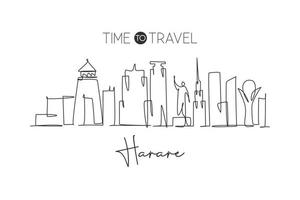 un disegno a linea singola dello skyline della città di Harare, Zimbabwe. paesaggio di luoghi storici nella cartolina del mondo. migliore destinazione per le vacanze. tratto modificabile illustrazione vettoriale di disegno a linea continua alla moda