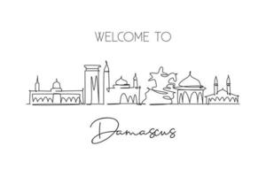 un disegno a linea continua dello skyline della città di damasco, siria. bellissimo punto di riferimento della città. turismo paesaggistico mondiale e vacanze di viaggio. illustrazione vettoriale di disegno a linea singola con tratto elegante modificabile