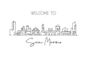 un disegno a linea continua san marino skyline della città san marino. bella stampa del poster della decorazione della parete del punto di riferimento. vacanza di viaggio del turismo paesaggistico mondiale. elegante illustrazione vettoriale di disegno a linea singola