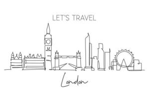 un disegno a linea continua dello skyline di Londra. bellissimo grattacielo della città. concetto di stampa del manifesto della decorazione della parete della casa delle vacanze di viaggio del turismo del paesaggio del mondo. illustrazione vettoriale di disegno a linea singola