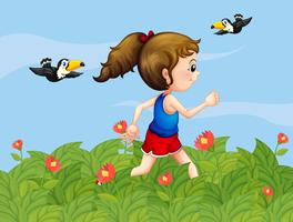 Una ragazza che cammina in giardino con gli uccelli vettore