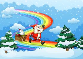 Babbo Natale e la sua slitta camminano verso l&#39;arcobaleno vettore