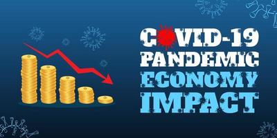 banner di impatto sull'economia pandemica covid-19 con barra infografica monete d'oro su sfondo blu scuro. vettore