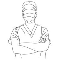 illustrazione del disegno a tratteggio di un bel giovane chirurgo o medico in posa indossando uniforme scrub con le braccia conserte o incrociate e uno stetoscopio. un ritratto di un medico maschio con un fonendoscopio vettore