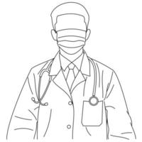 giovane medico professionista che indossa una maschera chirurgica o medica per proteggere da peste, malattie, coronavirus, covid, sars, influenza o mers. un medico che indossa maschera chirurgica e fonendoscopio vettore