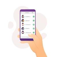 mano che tiene il telefono con l'elenco dei contatti sull'illustrazione vettoriale del concetto di design dello smartphone