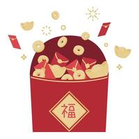 i pacchetti rossi che esplodono con denaro e oro celebrano l'illustrazione piatta del nuovo anno cinese vettore