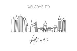 un disegno a linea singola dello skyline della città di atlanta, stati uniti. paesaggio storico della città. poster per la decorazione della parete della migliore destinazione per le vacanze art. illustrazione vettoriale di disegno di linea continua alla moda