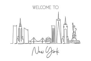 un disegno a linea continua dello skyline di new york city, stati uniti d'america. bellissimo punto di riferimento della città. vacanza nel paesaggio mondiale. illustrazione vettoriale di disegno a linea singola con tratto elegante modificabile