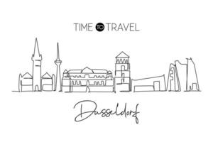 un disegno a linea continua dello skyline della città di dusseldorf, in germania. bellissimo grattacielo. poster della decorazione della parete delle vacanze di viaggio del turismo del paesaggio mondiale. elegante illustrazione vettoriale di disegno a linea singola