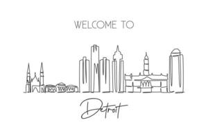 un disegno a linea singola dello skyline della città di Detroit, Stati Uniti. paesaggio storico della città. stampa poster per la decorazione della parete di casa della migliore destinazione per le vacanze. illustrazione vettoriale di disegno di linea continua alla moda