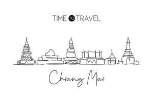 un disegno a linea continua dello skyline di chiang mai, thailandia. bellissimo punto di riferimento. manifesto delle vacanze di viaggio del turismo del paesaggio mondiale. illustrazione vettoriale di disegno a linea singola con tratto elegante modificabile