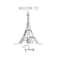 singolo disegno a tratteggio del poster della decorazione della parete del punto di riferimento della torre eiffel. luogo iconico a parigi, in francia. turismo e concetto di cartolina d'auguri di viaggio. illustrazione vettoriale di disegno di disegno di linea continua moderna