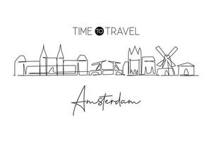 un disegno a linea continua dello skyline della città di Amsterdam, Paesi Bassi. bellissimo grattacielo della città. poster della decorazione della parete delle vacanze di viaggio del turismo del paesaggio mondiale. illustrazione vettoriale di disegno a linea singola