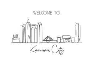 un disegno a linea singola dello skyline di Kansas City, stati uniti. paesaggio storico della città. poster per la decorazione della parete della migliore destinazione per le vacanze art. illustrazione vettoriale di disegno di linea continua alla moda
