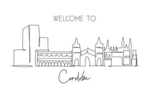 un disegno a linea singola dello skyline della città di cordoba, in spagna. paesaggio storico del grattacielo nella cartolina del mondo. poster per la decorazione della parete della migliore destinazione per le vacanze. illustrazione vettoriale di disegno a linea continua