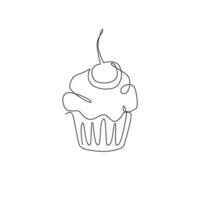 un disegno a linea singola di muffin fresco con illustrazione vettoriale del logo del negozio online di torta di ciliegie. menu del caffè della pasticceria dolce e concetto del distintivo del ristorante. logotipo moderno di biscotti di design a linea continua