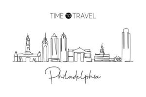 un disegno a linea singola dello skyline della città di philadelphia, usa. paesaggio storico della città. stampa di poster per la decorazione della parete di arte per la casa della migliore destinazione per le vacanze. illustrazione vettoriale di disegno di linea continua alla moda