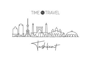 un disegno a linea singola dello skyline della città di tashkent, uzbekistan. paesaggio storico mondiale della città. migliore cartolina di destinazione per le vacanze. tratto modificabile illustrazione vettoriale di disegno a linea continua alla moda