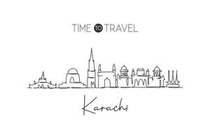 disegno a linea continua singola skyline della città di karachi, pakistan. famoso raschietto della città e paesaggio per la decorazione della parete di casa poster stampa art. concetto di viaggio nel mondo. illustrazione vettoriale moderna di disegno di una linea