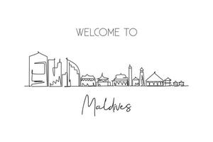 skyline maschile di disegno a linea continua singola, maldive. stampa della cartolina del paesaggio del raschietto della città famosa. concetto di destinazione di viaggio nel mondo. tratto modificabile moderno disegno di una linea illustrazione vettoriale
