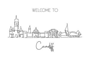 un disegno a linea continua dello skyline della città di Cardiff, nel Galles. bellissimo punto di riferimento. mondo paesaggio turismo viaggio vacanza decorazione della parete poster stampa arte. elegante illustrazione vettoriale di disegno a linea singola