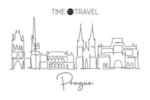 un disegno a linea singola dello skyline della città di praga, repubblica ceca. paesaggio storico della città nel mondo. poster per la decorazione della parete della migliore destinazione per le vacanze. illustrazione vettoriale di disegno di linea continua alla moda