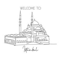 una singola linea che disegna il nuovo punto di riferimento della moschea. paesaggio urbano iconico di fama mondiale a Istanbul in Turchia. concetto del manifesto della decorazione della parete della cartolina di viaggio di turismo. illustrazione vettoriale moderna di disegno a linea continua