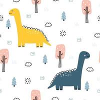 dinosauri e alberi senza cuciture simpatico cartone animato animale sfondo design utilizzato per stampa, carta da parati, tessuto, tessile vettore