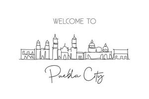 un disegno a linea singola dello skyline di puebla, messico. paesaggio storico mondiale della città. cartolina di destinazione per le vacanze del posto migliore. tratto modificabile illustrazione vettoriale di disegno a linea continua alla moda