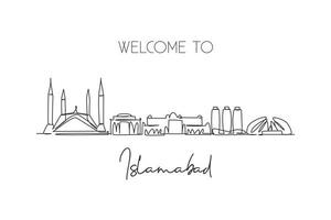 un disegno a linea continua dello skyline della città di islamabad, pakistan. bellissimo punto di riferimento della città. turismo paesaggistico mondiale e vacanze di viaggio. illustrazione grafica vettoriale di disegno a linea singola elegante modificabile