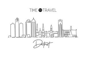 un disegno a linea continua dello skyline della città di Detroit, Stati Uniti. bellissimo punto di riferimento. stampa del poster delle vacanze di viaggio del turismo del paesaggio mondiale. illustrazione vettoriale di disegno a linea singola con tratto elegante modificabile