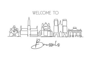 un disegno a linea singola dello skyline della città di bruxelles, belgio. paesaggio storico del grattacielo nel mondo. la migliore decorazione della parete di casa per le vacanze. illustrazione vettoriale di disegno di linea continua alla moda